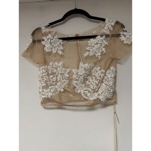 Leanne Marshall Beaded Illusion‎ Crop Top Sheer White Floral Size 4